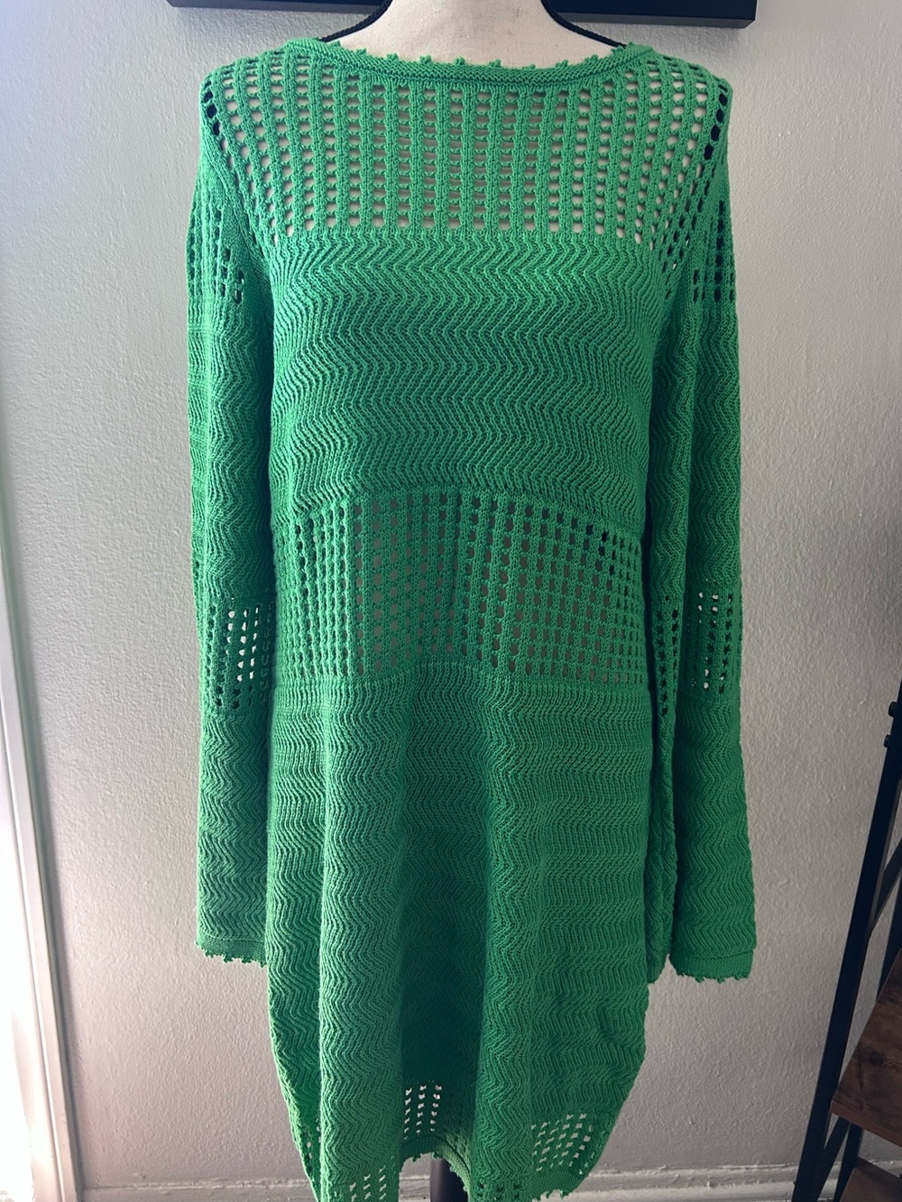 Long Sleeve Crochet Mini Dress Siren Resort Vacation Beachy Chic Mermaid Core L